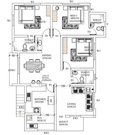 3bhk 1360 sqft. #FloorPlans #caddrafting #groundfloorplan #SingleFloorHouse#cad#