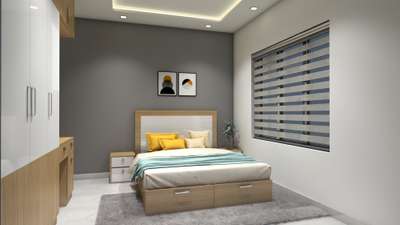 Minimal and Classy bedroom design. 
 #3d #MasterBedroom  #yellowdesingns #KingsizeBedroom #minimal #minimalinteriors #monochromatic #minimalbedroom #wardrobe #wardrobedesign #studyspace  #yellowcolourinterior #graycolour #gray_colour #graylove #graybedroom #lightcolors # #keralastylecontemporary #modernbedroomideas #modernbedroominterior #modernhomedesign #moderninterior