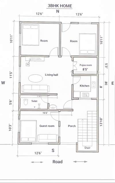 3 BHK 2D layout plan