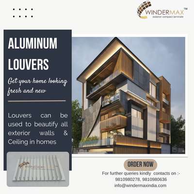 Aluminum louvers
at just 270 per sqft
. 
.
Get a classic look for your exterior
.
. 
#aluminium #aluminium #louvers #exterior #exteriorelevation #elevation #modernexterior #exteriordesigner #louvers #modernelevation 
. 
. 
Stay connected for more information
. 
. 
www.windermaxindia.com
info@windermaxindia.com
Or call us on 9810980278, 9810980636