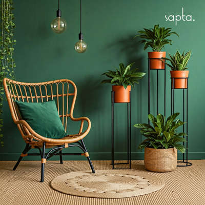 Interior design in any style. 
 #Sapta  #saptaspaces  #InteriorDesigner  #interiors  #designideas  #kerala  #kochi  #green  #bohemian  #bamboo  #rug  #rattan  #canefurniture  #canechair   #terracota  #terracotapots