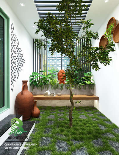 A serene courtyard oasis 🏡
a tucked-away green retreat with a small tree taking center stage, grass-stone flooring, and a wooden bench adorned with a Buddha head planter, books, and tea. Decor touches include terracotta pots, hanging wicker baskets with trailing plants, and minimalist wall art. 

Client : Prasanth. 
Area : Courtyard view