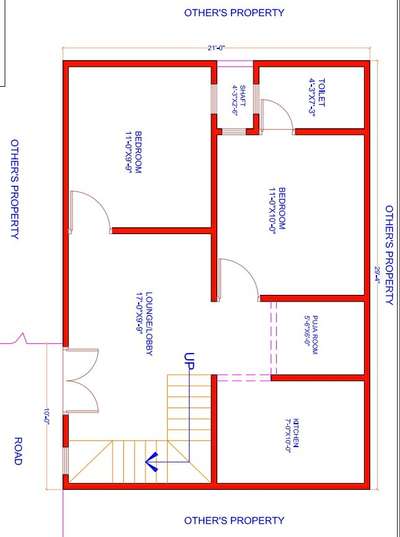 sketch plane of 29'-0"X21'-0".(2bhk)
