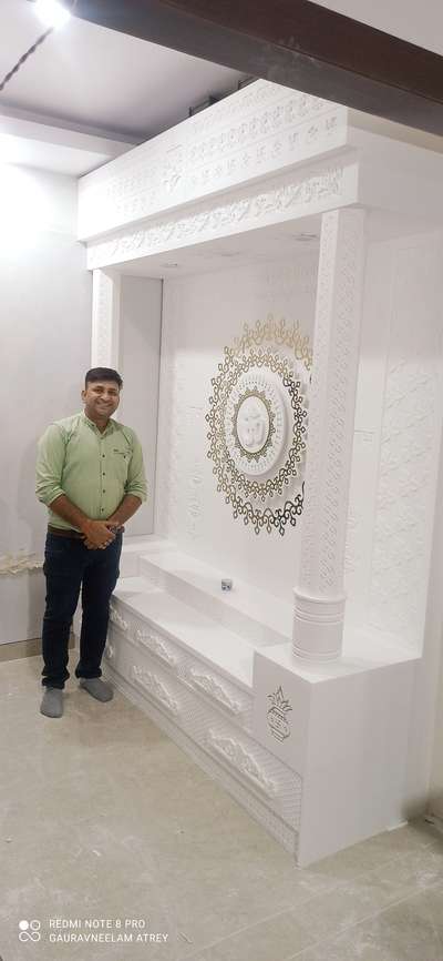 #1250 PR SQFT#, #3d OM designer modern Corian Mandir with SS Enlaey work with LED lights complete#,#9711785151#