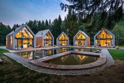 Modern Resort Design Idea for 1 bhk Cottages in 50 cent land.
#modernhouse #Minimalistic #resort #homestay #Aframe