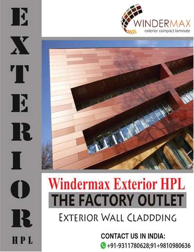 We deal in all types of exterior products 

*HPL wall cladding panels*
*ACP/HPL wall cladding panels*
*WPC wall cladding panels*
*PVC wall cladding panels*
*Aluminium wall cladding panels*
*Colour rivets*
*WPC louvers 

*Dealers and distributors discount also available*

Winder max start Civil Construction work , Interior Execution work Contract , Turnkey project & Collaboration.
We are based in Delhi 
We take project all over India . We execute different types of project as:-
Commercial 
Residencial 
Factories & Industrial. 
Old & New Building, Repair, Renovation & Maintence work .

Any requirement or quary please contact us

www.windermax.com
www.pvcpanelindia.com
www.elegantcontruction.com