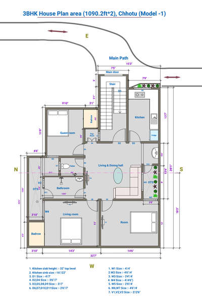 3BHK HOUSE FLOOR PLAN 3 SIDE CLOSE AREA DESIGNE