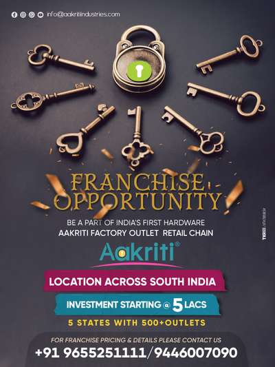 AAKRITI LOCKS INDUSTRY PVT LTD

🔹FRANCHISE OPPORTUNITY

🔹LOCATION ACROSS SOUTH INDIA 

🔹5 STATES WITH 500+ OUTLETS 

#BuildingSupplies #Buildingconstruction #Enginers #hardwareproducts #all_type_of_hardware_products #hardwarestore #locks #investment #BestBuildersInKerala #media #KitchenIdeas #kichenaccessories #mordenkitchen #mortisehandles #ModularKitchen #HomeAutomation #homesweethome #homedesigne #business #businessnewsindia #KeralaStyleHouse #keralaarchitectures #keralahomedesignz #keralahomeinterior #keralagallery