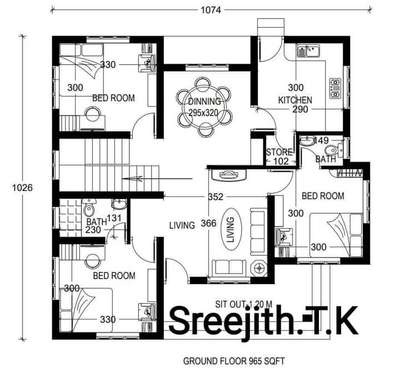 965 Sqft ൽ  നിർമ്മിക്കാവുന്ന 3 bed room വീട്.