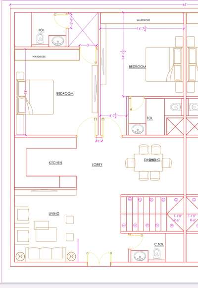 61'×45' floor plan residential floor design #FloorPlans #InteriorDesigner #KitchenIdeas #MasterBedroom #BedroomDesigns #BathroomDesigns #LivingroomDesigns #LivingRoomTable