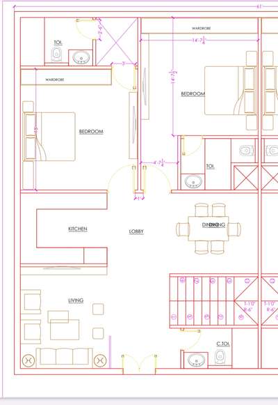 61'×45' floor plan residential floor design #FloorPlans #InteriorDesigner #KitchenIdeas #MasterBedroom #BedroomDesigns #BathroomDesigns #LivingroomDesigns #LivingRoomTable