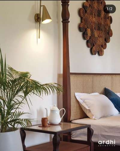 Finished low cost master bedroom in one of our projects . Materials used are reclaimed wood with ratan cane and glass, antique brass finish lamp shades. the project is set in a traditional kerala architecture theme using warm tone interiors.

#architecturedesigns #Architectural&Interior #KeralaStyleHouse #LUXURY_INTERIOR #InteriorDesigner #3d #aestheticdesign
