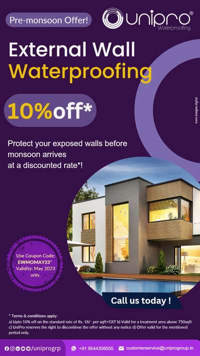 We are bracing for yet another monsoon in Kerala. Protect your walls with this special offer before it is gone! If you have observed wall dampness in the past, call us for an inspection.

Use Coupon Code: EWMOMAY23
Validity: May 2023 only.