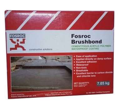 *Fosroc brush bond *
Brushbond is a two component acrylic polymer modified elastomeric waterproofing membrane which consists of Brushbond powder and Brushbond liquid acrylic emulsion.

Advantages: Minimum surface preparation needed - Low labour costs Applied directly to the damp concrete and masonry Excellent adhesion - Bonds to porous and nonporous surfaces Non-toxic-ideal for potable water tanks Packaging

Size: Brush bond powder grey is supplied as a package of 23kg (Industrial Pack) / 6kg powder Brush bond Liquid is supplied in 4 liters / 1 liter jerry can