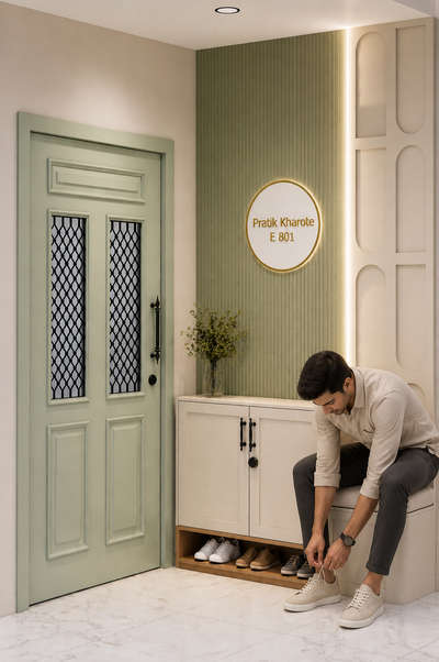 Safety door design flats pastel green color combination white seating white toon use💚💚💚 #InteriorDesigner  #suratsign  #suratarchitect  #suratinteriordesigner