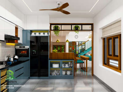 Modern kitchen ….
White cabinets, blue-grey accents, and pops of yellow 
✨ Open plan living at its best! 

Client: Mansoor Ali
Area : kitchen