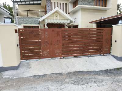 front gate
total length 5 mtr ( sliding gate 3.5 mtr, pocket gate 1.5 mtr)gi frame HPL sheet, 4mm gi sheet CNC cutting