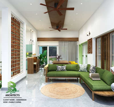 Bringing the outdoors in! 🌿 
Loving the earthy tones, natural textures, and that gorgeous green sectional that makes this family living space feel like a breath of fresh air.

Client : Sabareesh
Area : Family Living