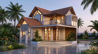 A modern tropical residence designed to blend contemporary architecture with natural surroundings. The design features clean white volumes, warm wooden textures, and stone cladding to create a balanced and elegant facade. Large openings and glass railings enhance natural light and ventilation, while the sloped roofing adds a touch of traditional character. The landscape with palm trees and soft lighting complements the overall aesthetic, creating a calm and luxurious living experience. #modernhouse #dreamhouse