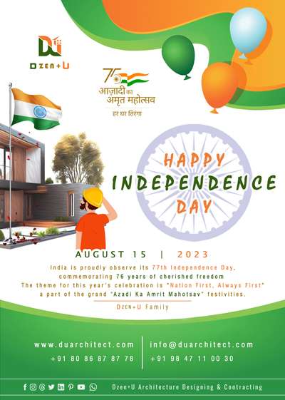 Happy Independence Day...🇮🇳🫡
.
India is proudly observe its 77th Independence Day, commemorating 76 years of cherished freedom.
.
The theme for this year's celebration is "Nation First, Always First" a part of the grand "Azadi Ka Amrit Mahotsav" festivities.
.
.
.
.
.
.
.
#azadikaamritmahotsav #duarchitect #independenceday #dzen_u #india #pm #pmnarendramodi #pinarayivijayan #keralahomes #kerala #keralahomeplanners #keralahomedesign #keralahomedesigns #keralahomedesignz #keralahomedesigners #architectskerala #indian #proudindian #nation #keralapolice #keralamvd #keralafireforce #peravoor #kanichar #manathana #kelakam #iritty  #koloapp