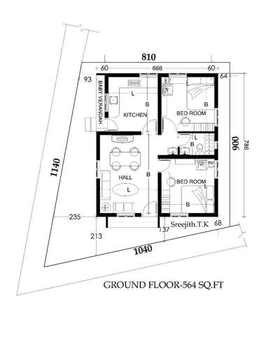 2 cent സ്ഥല ത്തു നിർമ്മിക്കാവുന്ന 2 ബെഡ് റൂം വീടിന്റെ പ്ലാൻ.560 Sqft.