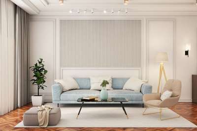 Get this elegant look with a touch of pastel colours in this white space. Add a pastel blue and beige sofa, a matching flower vase, and a tall potted plant in the corner. Use cushions, rugs, and lights in a white shade to complete the look. #interior  #decor  #ideas  #interiordesign  #indian  #colourful #decorshopping