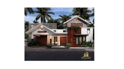 #charming mixed roof house design #1365sq.ft #3bhk #stunning red brick show Wall#latticed windows.