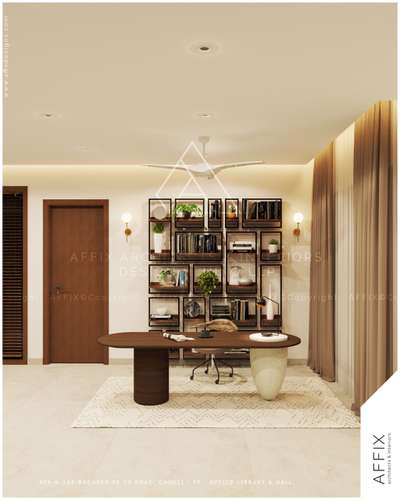 A refined home office and library space designed for productivity and elegance. The statement desk with a sculptural base anchors the room, complemented by a modern open-shelving unit that showcases books and greenery in perfect balance. Warm wooden tones, soft drapery, and ambient lighting create a calm and inspiring atmosphere ideal for focused work or reading. #Architect  #architecturedesigns  #Architectural&Interior  #architectsinkerala  #best_architect
