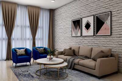 Make a contemporary living room design with a 3 seater biege sofa and two single seater blue sofas. Add a center table with a round white top and metal legs along with round glass vase. Finally, use a framed art to add a pop of colour to the room.#interior #decor #ideas #home #interiordesign #indian #colourful #decorshopping