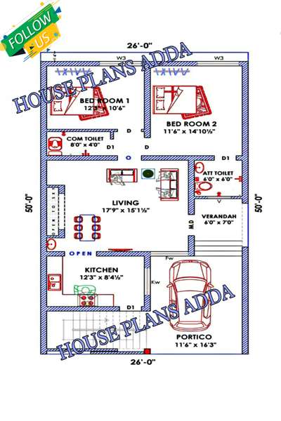 26'×50' East Facing House Plan Idea| 2BHK Floor Plan with parking | For more info Google:-HOUSE PLANS ADDA & Join our Facebook page:- HOUSE PLANS ADDA  #floorplan #2BHKPlans #SmallHomePlans  #houseplansadda