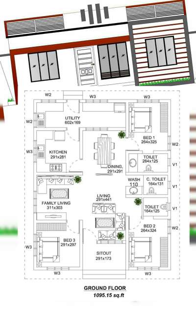 2D plan and exterior elevation