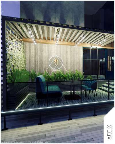 A sleek steel pergola with retractable fabric canopy defines the outdoor dining zone, while patterned ceramic tiles and warm timber cladding enrich the material palette. Linear planters introduce a lush green buffer, balancing the bold geometry of the façade. Carefully layered seating, ambient wall lighting, and stepped access create a seamless, contemporary frontage that extends the hotel’s hospitality experience into the outdoors.