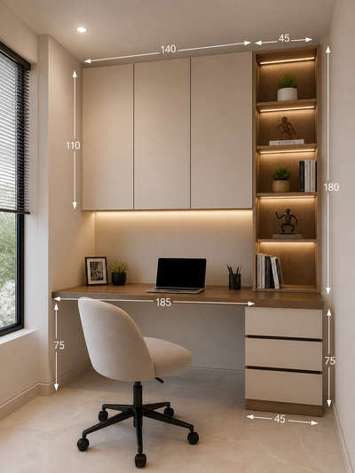 Luxury Wardrobe Design with Study Table | Modern Bedroom Interior Measurements (CM) | Space Saving Design

Description:
Looking for a smart and luxury bedroom wardrobe design with study setup? ✨

This redesigned premium bedroom concept features:
✔ Large wardrobe with practical storage
✔ Attached study table setup
✔ Open display shelves with warm LED lights
✔ Premium wood + cream finish
✔ False ceiling lighting
✔ Clean measurement layout in CM for easy execution

📏 Cutting List (Approx. in CM):
• Total Room Height: 305 CM
• Ceiling Drop: 15 CM
• Wardrobe Height: 210 CM
• Loft Height: 60 CM
• Wardrobe Width: 180 CM
• Study Table Width: 120 CM
• Side Shelf Depth: 45 CM