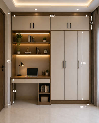Luxury Wardrobe Design with Study Table | Modern Bedroom Interior Measurements (CM) | Space Saving Design

Description:
Looking for a smart and luxury bedroom wardrobe design with study setup? ✨

This redesigned premium bedroom concept features:
✔ Large wardrobe with practical storage
✔ Attached study table setup
✔ Open display shelves with warm LED lights
✔ Premium wood + cream finish
✔ False ceiling lighting
✔ Clean measurement layout in CM for easy execution

📏 Cutting List (Approx. in CM):
• Total Room Height: 305 CM
• Ceiling Drop: 15 CM
• Wardrobe Height: 210 CM
• Loft Height: 60 CM
• Wardrobe Width: 180 CM
• Study Table Width: 120 CM
• Side Shelf Depth: 45 CM