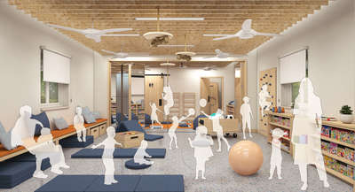 This play school classroom design is bright and inviting, prioritizing 
a natural, educational environment. It features low-level 
wooden shelving and circular tables to promote collaborative 
learning and easy access for children.