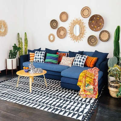 Blue couches and colorful cushions is the right choice for your white living room decorating ideas so they will look more attractive and colorful. Decorate the walls with boho wicker baskets and mirrors. Add a black and white rug framed with plant pots on both sides.
#interior #decor #ideas #home #interiordesign #indian #colourful #decorshopping