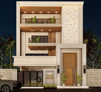 Goel Niwas, Mianwali Nagar, Delhi
Designed to stand out in its urban context, this elevation blends modern geometry with warm wooden finishes and ambient lighting. A grand double-height entrance, intricate balcony railings, and an illuminated jali panel create a bold yet elegant identity. Subtle classical detailing, greenery, and a play of textures  make this residence a true architectural landmark in Mianwali Nagar.
 #Architect #architecturedesigns #Architectural&Interior #facade 
#frontelivation