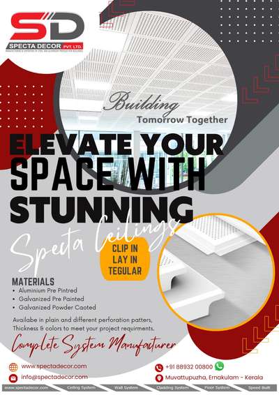 We stand in the market by offering innovative Specta Decor solutions to our valued customers.

As a leading manufacturer, we supply products that meet International standards.

Contact us now with your ceiling,  partition,  cladding,  flooring inquiries, and our dedicated team will promptly provide you with all the essential information you need.

Manufacturers & Exporters of Steel & Aluminium Profiles for Buildings.
KINFRA, (K-SIP), X/588 - C2, Nellad P.O.,
Muvattupuzha, Ernakulam, Kerala - India. PIN: 686 721
Tel: +91-484-2769651 Fax: +91-484-2769652
Mobile: +91 88932 00800 / +91-9188222000 / 9188222333
E-mail: info@spectadecor.com - Web Site: www.spectadecor.com

#clipintiles #aluminiumceilingtiles #powdercoatedtiles #perforatedceilingtiles #architect #gypsumdesign #metaltilemanufacturerkerala #metaltilesdistributor #gridceiling #drywallinstallation #metaltilesindia #metaltile #falseceiling #falseceilingdesign #falseceilingwork #falseceilingindia #falseceilingideas #popdesign #popwo