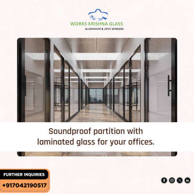 Transform your office space with our stunning soundproof partitions featuring laminated glass! ✨ Enjoy enhanced privacy and tranquility while maintaining a sleek, sophisticated aesthetic. Perfect for meetings or focused work. Elevate your workspace today! 🏢🔇

#workskroshnaglass #toughenedglass #officeglasspartitions #interior #architects #upvcwindows #Aluminiumwindows #facadesglass
