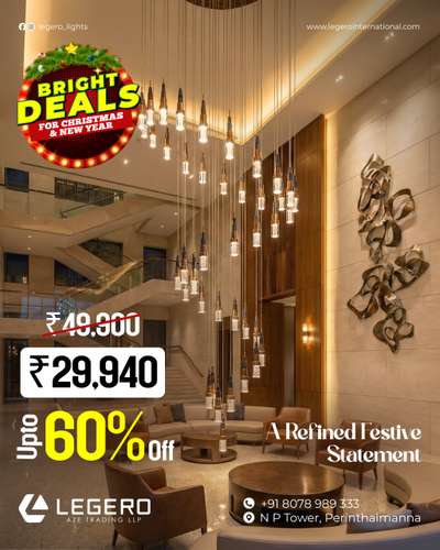 This season, let your space glow a little brighter ✨

Our festive deals are here to turn everyday interiors into celebration-ready statements.
From elegant chandeliers to mood-defining lights, enjoy premium designs at irresistible prices.
Up to 60% off — because a shining season deserves lighting that truly stands out. ✨

 Visit Legero and bring home the glow that makes celebrations feel complete.

#LegeroLight#BrightDeals
#FestiveLighting