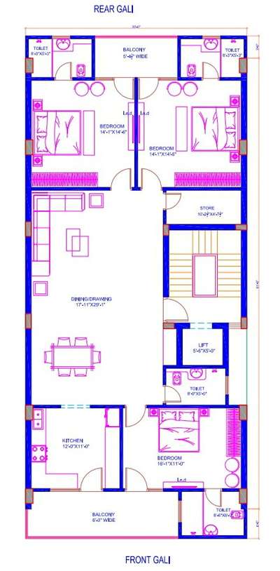 Sketch plan of 30'-0"x61'-0"
(3BHK)