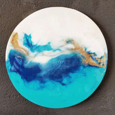 resin art wall decor
size 12"round with pair
mdf base. white sea blue blue and gold combination.  #resincraft #resinart #WallDecors #walldecorideas #interior #design #livingroomwalldecor