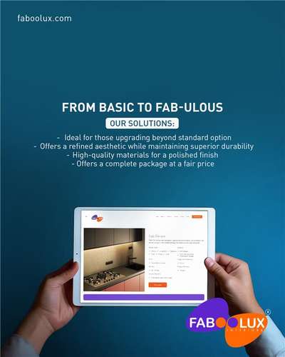 At Faboolux Interiors, we specialize in transforming your space from basic to Fab-ulous. Our solutions are perfect for those looking to upgrade beyond the standard options, bringing a refined aesthetic to every corner. We use high-quality materials to ensure a polished finish that not only looks stunning but also stands the test of time with superior durability. With our complete package, you get exceptional value at a fair price—creating the perfect blend of elegance, functionality, and affordability for your space.

#FabooluxInteriors #SpaceTransformation #ElegantLiving #AffordableLuxury #DurableDesign #RefinedAesthetics #HighQualityInteriors #StylishSpaces #FunctionalElegance #UpgradeYourSpace