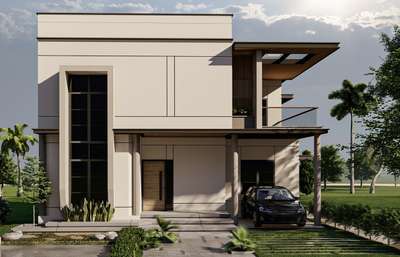 The Minimalist Monolith
Architectural style: Contemporary Minimalism
Key Features:

Geometric Composition: A play of cantilevered planes and vertical massing that creates a bold, sculptural silhouette.

Material Palette: A sophisticated mix of smooth off-white plaster, warm timber under-cladding, and dark metallic window frames for high-contrast elegance.
 
Fenestration: Double-height recessed glazing that maximizes natural light while maintaining a sense of privacy and structural depth.

Outdoor Integration: Seamless transition between the interior and the landscape, featuring a shaded car porch and integrated planter boxes with tropical flora (Snake plants and palms).

Lighting & Mood: Designed for soft, ambient daylighting with deep overhangs that provide natural shading—ideal for tropical climates.

 #Architecture #HomeDesign #ModernHome #ExteriorDesign  #LuxuryLiving #ContemporaryArchitecture 

#MinimalistArchitecture #ModernTropical 
#architecturedetails