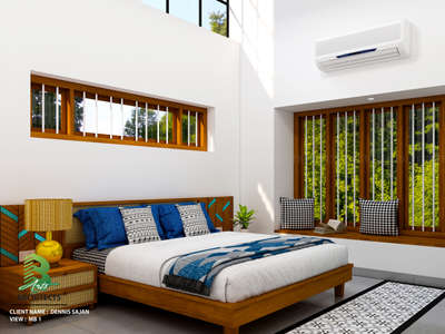 Serene master bedroom with a wooden bed, blue accents, and natural light pouring in 🌿🛏️. Fresh greenery outside adds calm to the stylish space ✨.

Client : Dennis Sajan 
Area : Master Bedroom 1