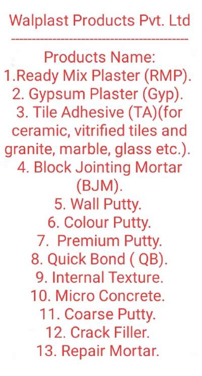 ready mix plaster
wall putty all items 
available for more details contact 
8086284316