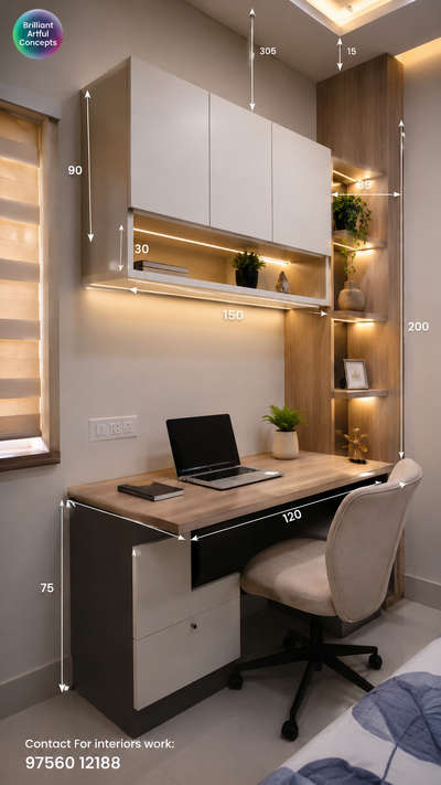 Luxury Wardrobe Design with Study Table | Modern Bedroom Interior Measurements (CM) | Space Saving Design

Description:
Looking for a smart and luxury bedroom wardrobe design with study setup? ✨

This redesigned premium bedroom concept features:
✔ Large wardrobe with practical storage
✔ Attached study table setup
✔ Open display shelves with warm LED lights
✔ Premium wood + cream finish
✔ False ceiling lighting
✔ Clean measurement layout in CM for easy execution

📏 Cutting List (Approx. in CM):
• Total Room Height: 305 CM
• Ceiling Drop: 15 CM
• Wardrobe Height: 210 CM
• Loft Height: 60 CM
• Wardrobe Width: 180 CM
• Study Table Width: 120 CM
• Side Shelf Depth: 45 CM