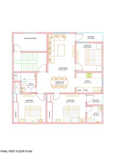 This is the first-floor plan of a residential building.
The layout is designed to provide space for common areas while ensuring privacy and accessibility for the bedrooms and toilets. Balconies attached to the bedrooms offer outdoor space, enhancing the living experience.

###floorplan

#2dDesign  #interriordesign #vasthuhomeplan #designtoexecution #constructioncompany #Architectural&Interior #CivilEngineer #Contractor