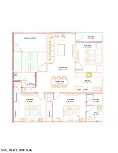 This is the first-floor plan of a residential building.
The layout is designed to provide space for common areas while ensuring privacy and accessibility for the bedrooms and toilets. Balconies attached to the bedrooms offer outdoor space, enhancing the living experience.

###floorplan

#2dDesign  #interriordesign #vasthuhomeplan #designtoexecution #constructioncompany #Architectural&Interior #CivilEngineer #Contractor