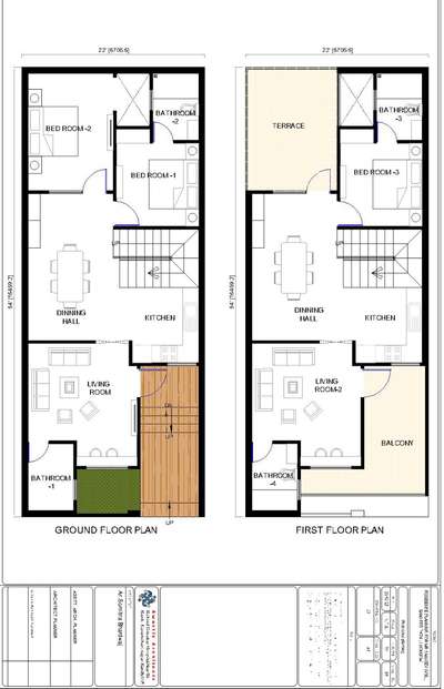 A mordern look simple house with 2 bedroom on ground and One bedroom on first floor of the house.A 20'X 54' House in noida. #2DPlans #2dDesign #4*2